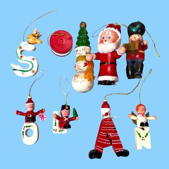 Vintage Wooden Christmas Ornaments Set 9 Hand-Painted Santa Snowman Soldier Joy - Picture 1 of 12